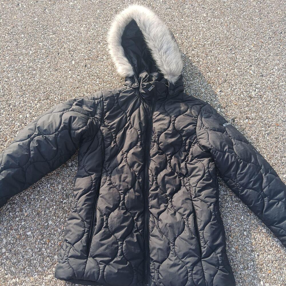 Columbia Jacket Womens Medium Black Quilted Hooded Puffer Faux Fur Trim Winter